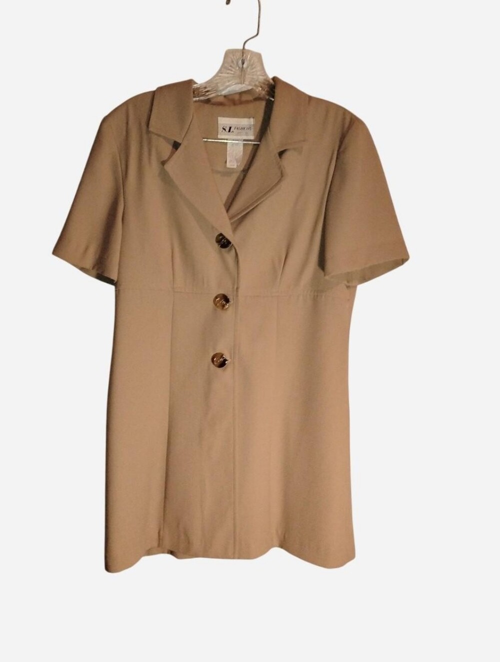 Beige Empire Waist Short Sleeve Button Up Dress Size 16P
